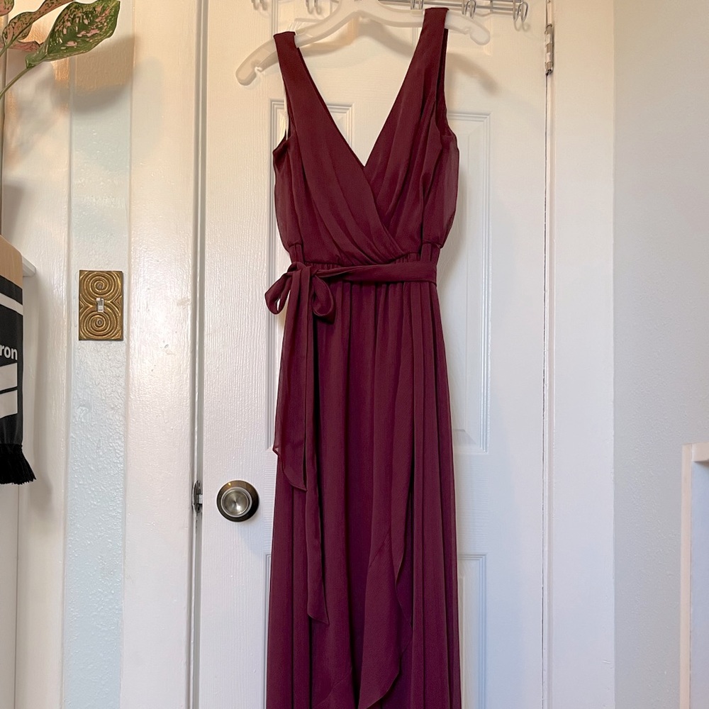 David's Bridal Burgundy Sleeveless V-Neck Wrap Bridesmaid Dress